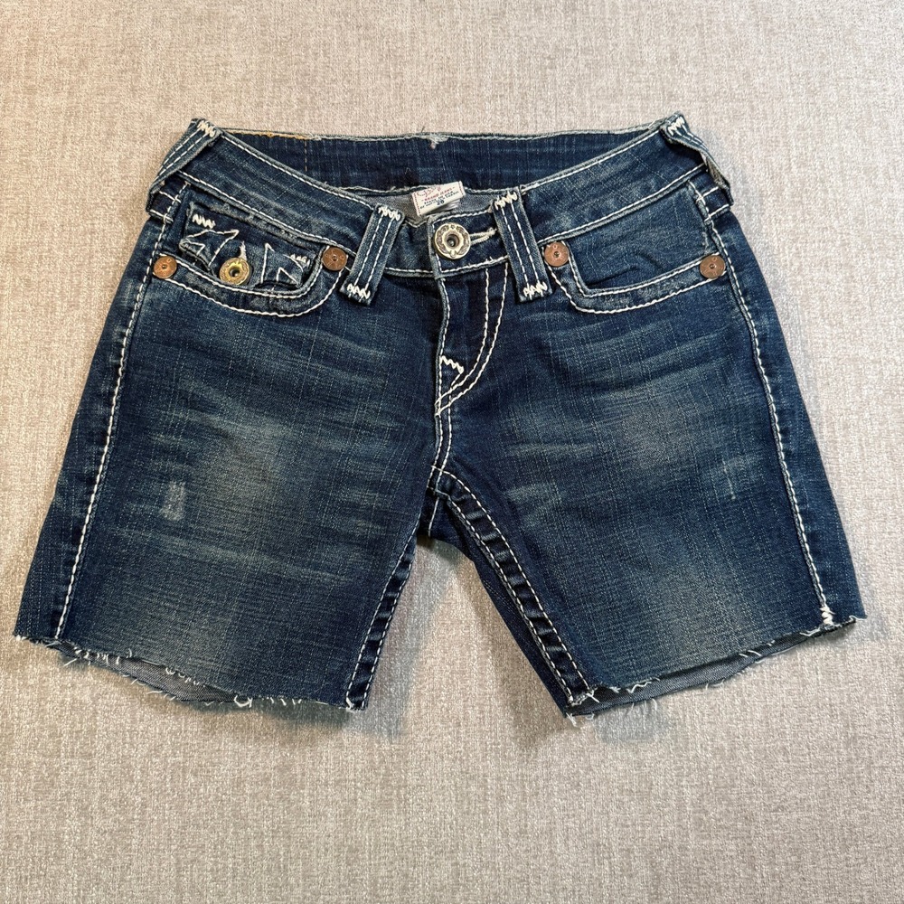True Religion Joey World Tour Cut Off Denim Shorts Dark Wash White Stitch 26